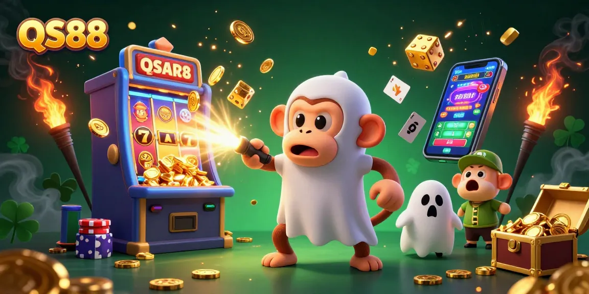 Experience thrilling gameplay at QS88 with a playful poltergeist monkey juggling casino elements in a vibrant illustration.