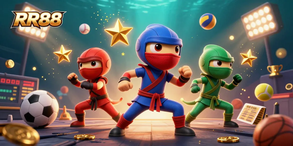 RR88 ninjas showcasing synchronized poses among dynamic sports elements and casino features.