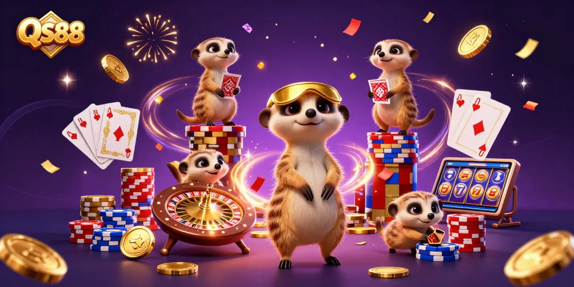 Engage with the thrilling casino action at QS88 with meerkats managing vibrant gaming activities.