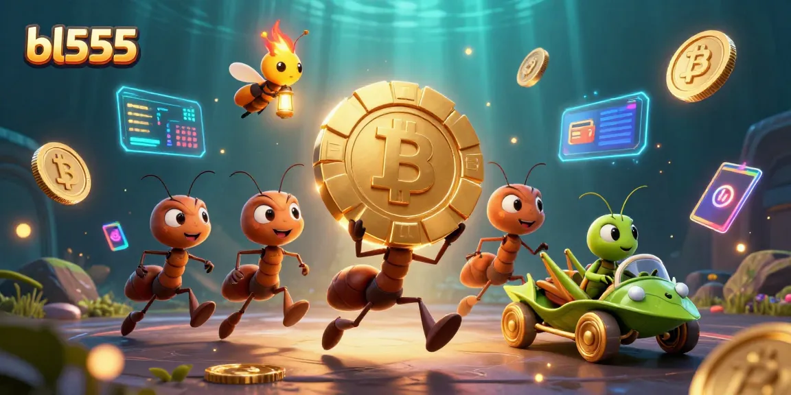 Engage with the dynamic bl555 heist scene featuring cartoon ants, poker chip, and glowing crypto coins.