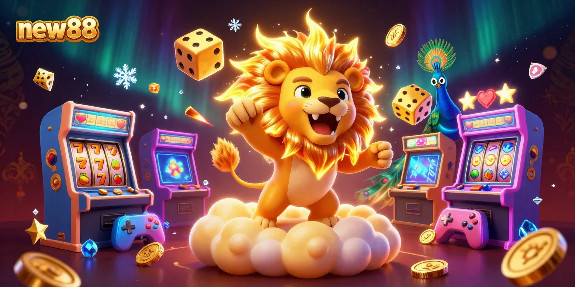 Engage with new88's vibrant casino adventure featuring slot reels and towering golden dice.