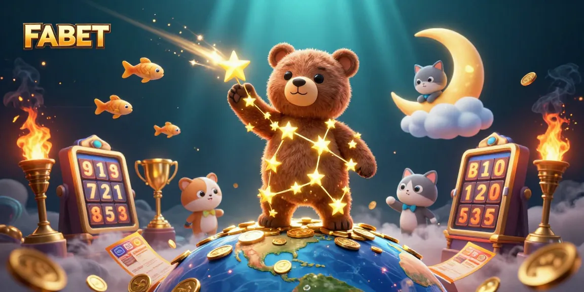 Win big with FABET as the golden constellation bear collects coins surrounded by exciting slots!