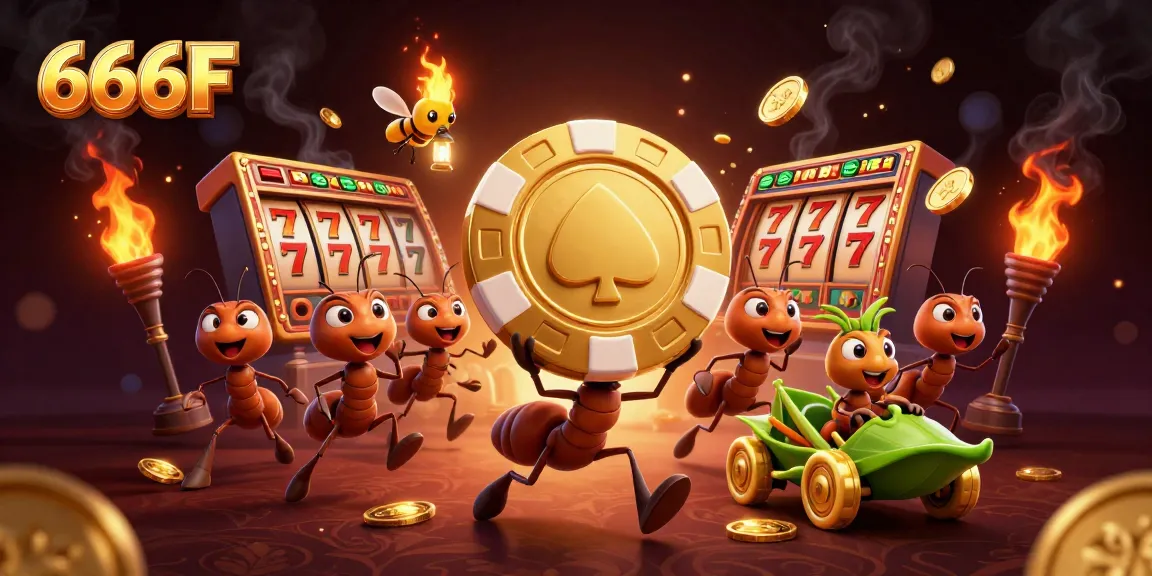 Ants steal a giant golden poker chip in a vibrant 666F casino scene filled with slot reels and gold coins.