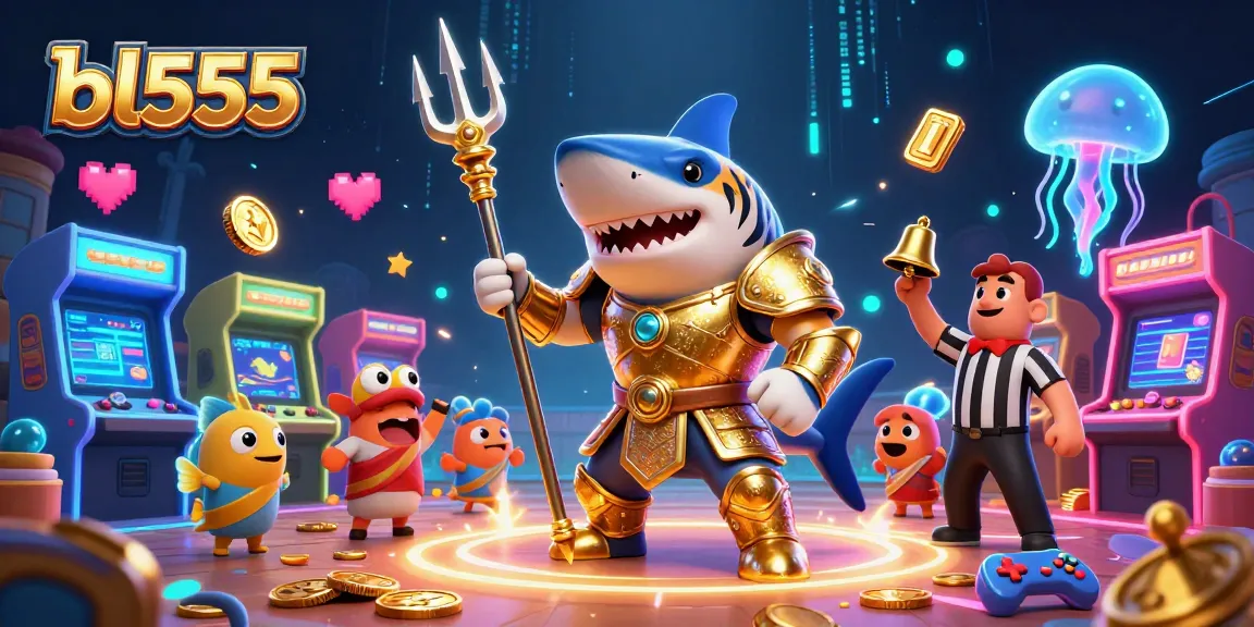 Experience thrilling action at bl555 with a trident-wielding shark in a vibrant underwater casino.