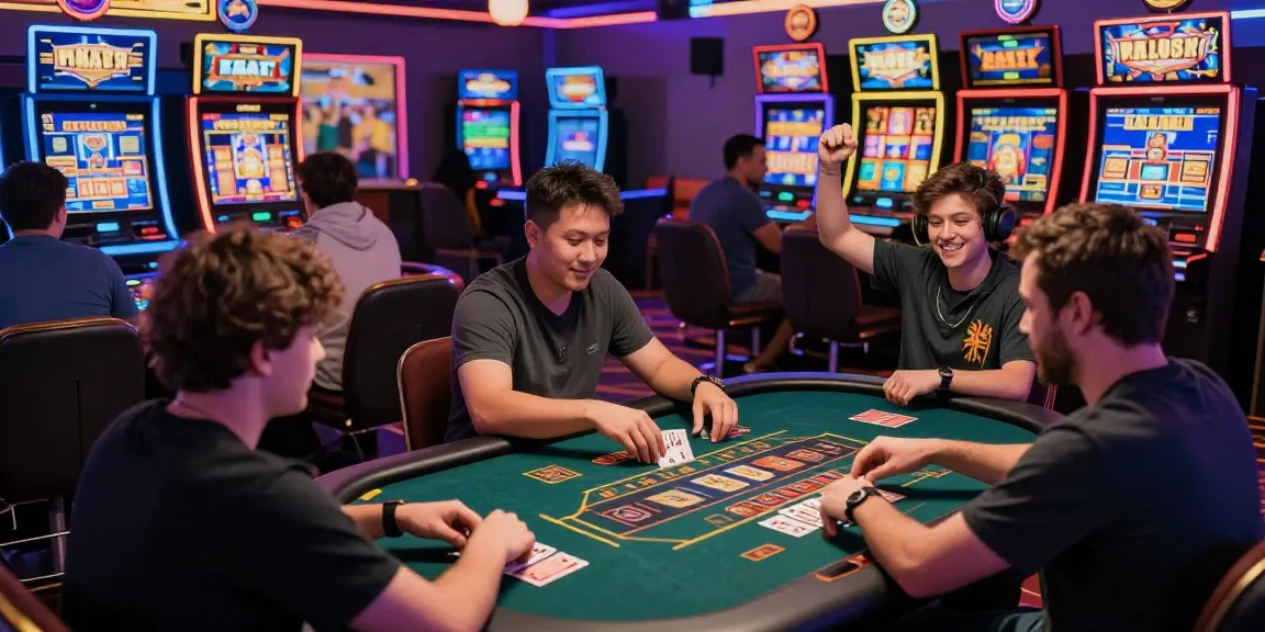Sunwin online gaming excitement with players enjoying card games and slot machines in a vibrant casino atmosphere.