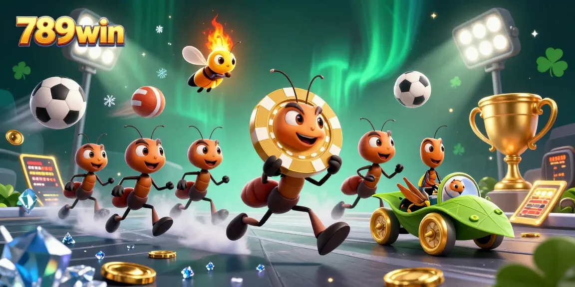 Experience the excitement of 789win with ants heisting a golden poker chip amidst vibrant casino elements.