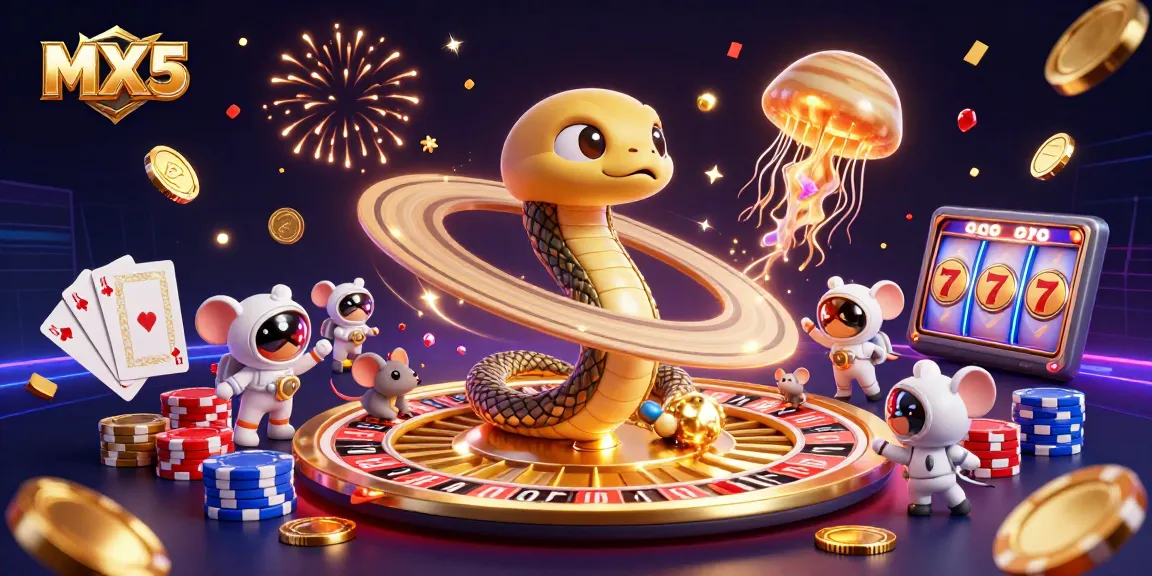Spin the roulette with MX5 at a vibrant 3D casino scene featuring cosmic characters.