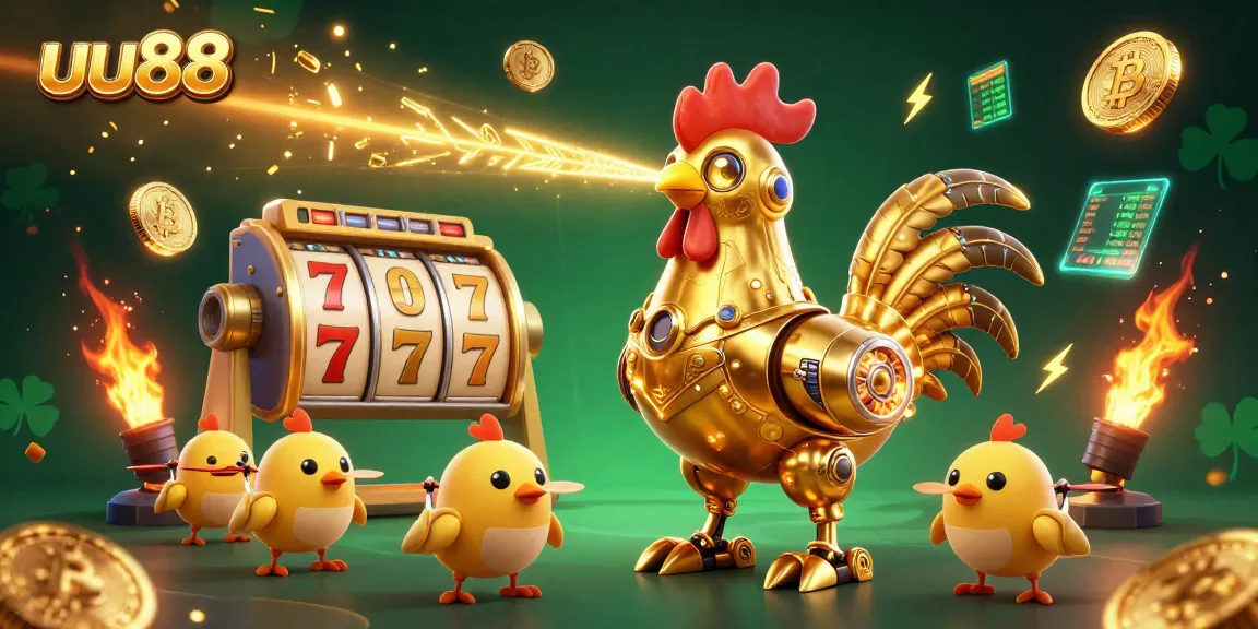 Engage with unique casino games at uu88, featuring a lively illustration of a futuristic golden rooster robot in action.