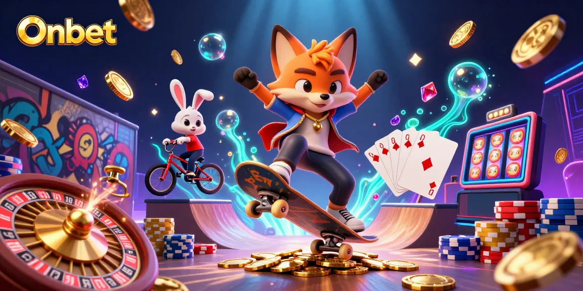Engaging Onbet illustration showcasing a fox skateboarding over poker chips, surrounded by casino-themed dynamic elements.