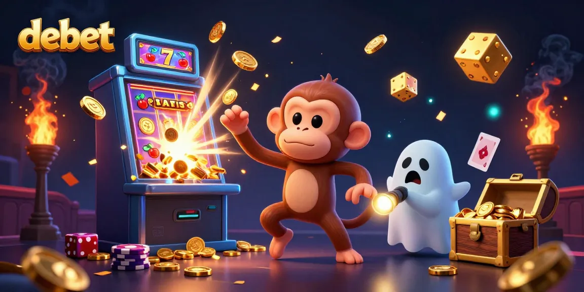 Engage with debet's thrilling haunted casino scene featuring a mischievous monkey and curious puppy.