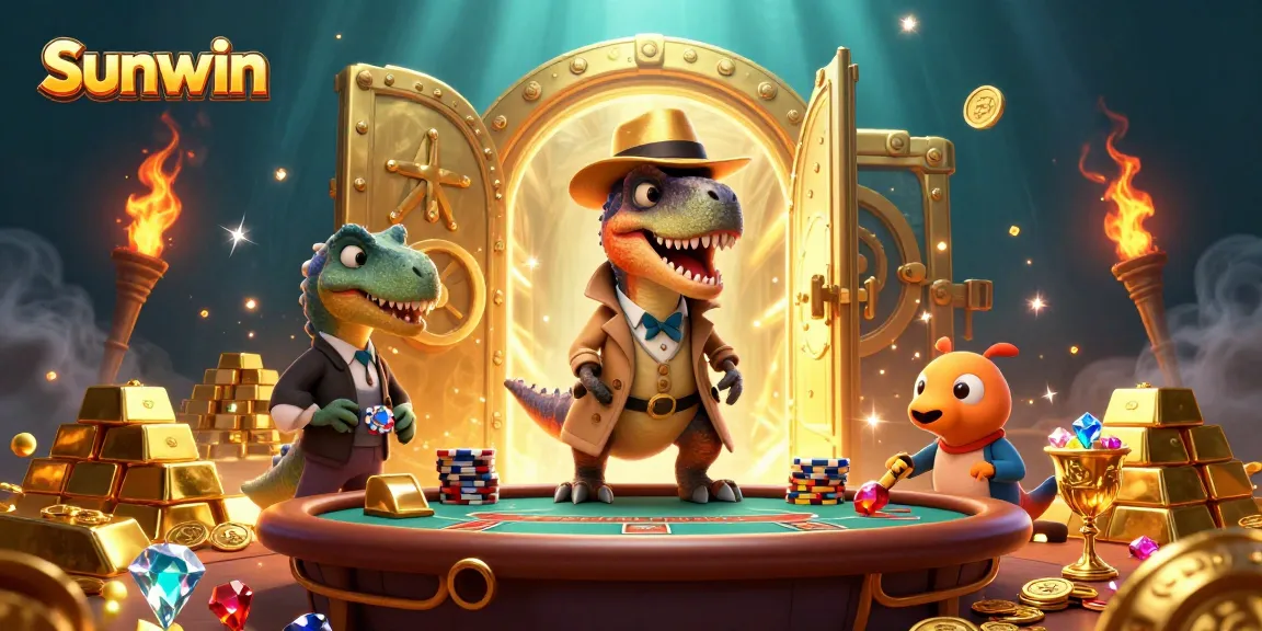 Win big at Sunwin with a cartoon velociraptor countering cards at a casino table amidst treasure.