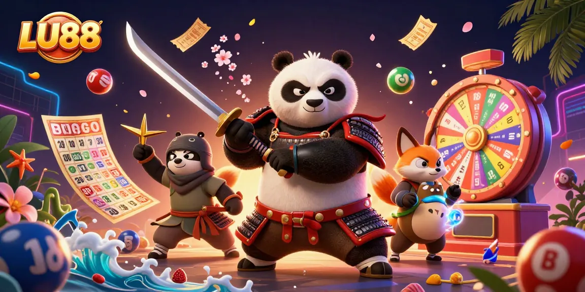 LU88 offers thrilling gameplay as a fierce samurai panda, ninja fox, and magical tanuki engage with vibrant lottery elements.