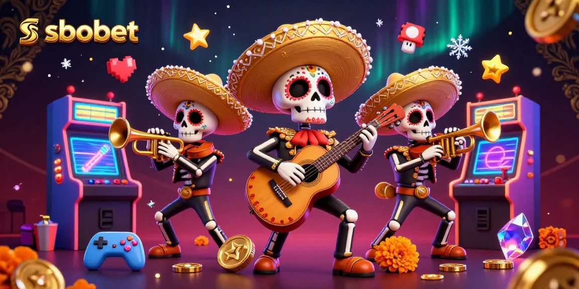 Experience sbobet with a vibrant scene featuring a Dia de los Muertos mariachi band among dynamic gaming elements.