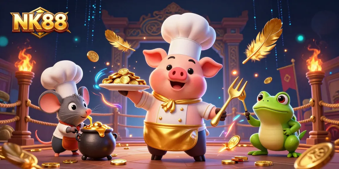 Experience the thrill at NK88 with a 3D chef pig serving golden coins amid vibrant casino excitement.