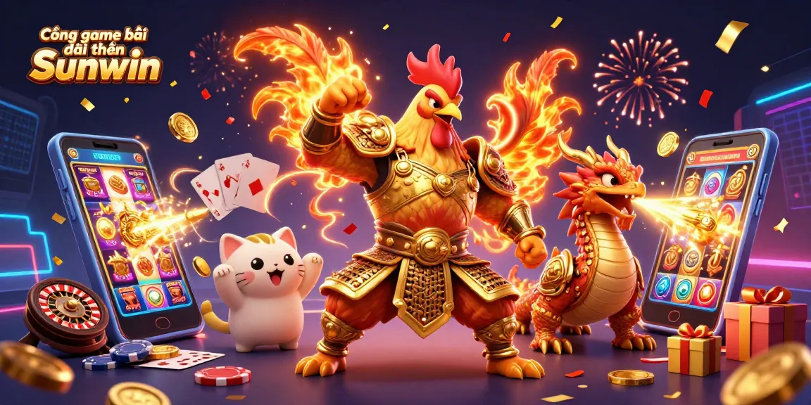 Cổng game bài đổi thưởng Sunwin showcases a vibrant illustration of a fighting rooster warrior alongside a dragon hatchling amidst dynamic casino games.