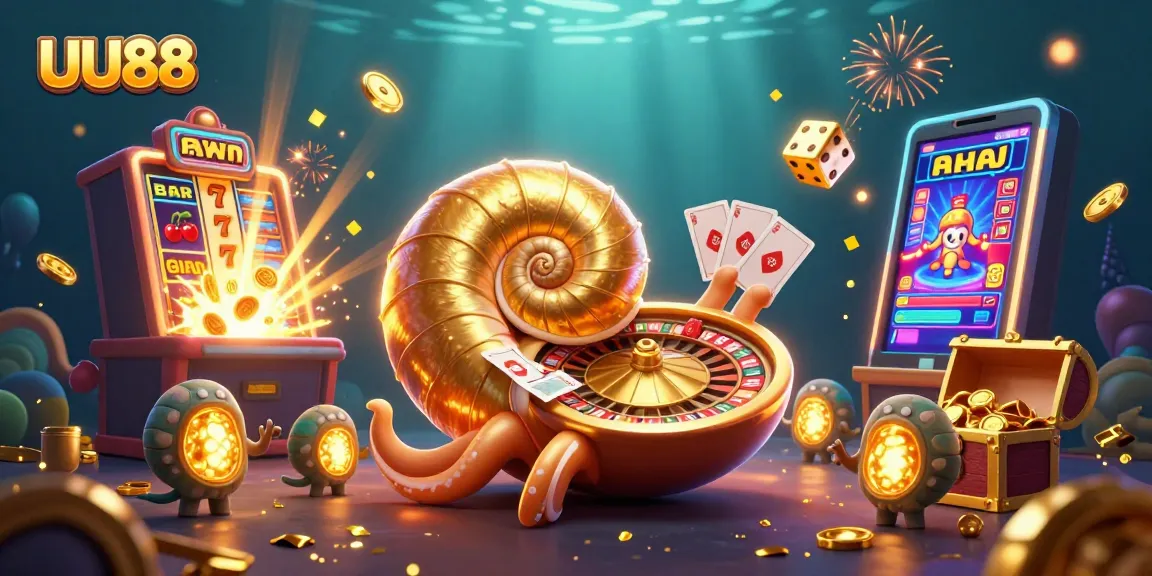 Experience thrilling slots with UU88's vibrant illustration showcasing golden treasures and casino excitement.