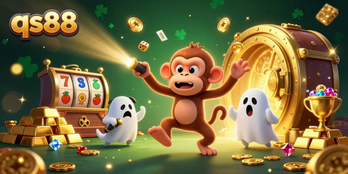 Experience qs88's vibrant casino atmosphere with the mysterious monkey juggling golden treasures.