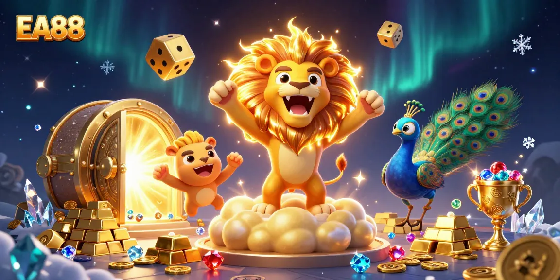 Experience EA88’s vibrant casino world with a roaring sun lion, golden dice, and sparkling treasures.