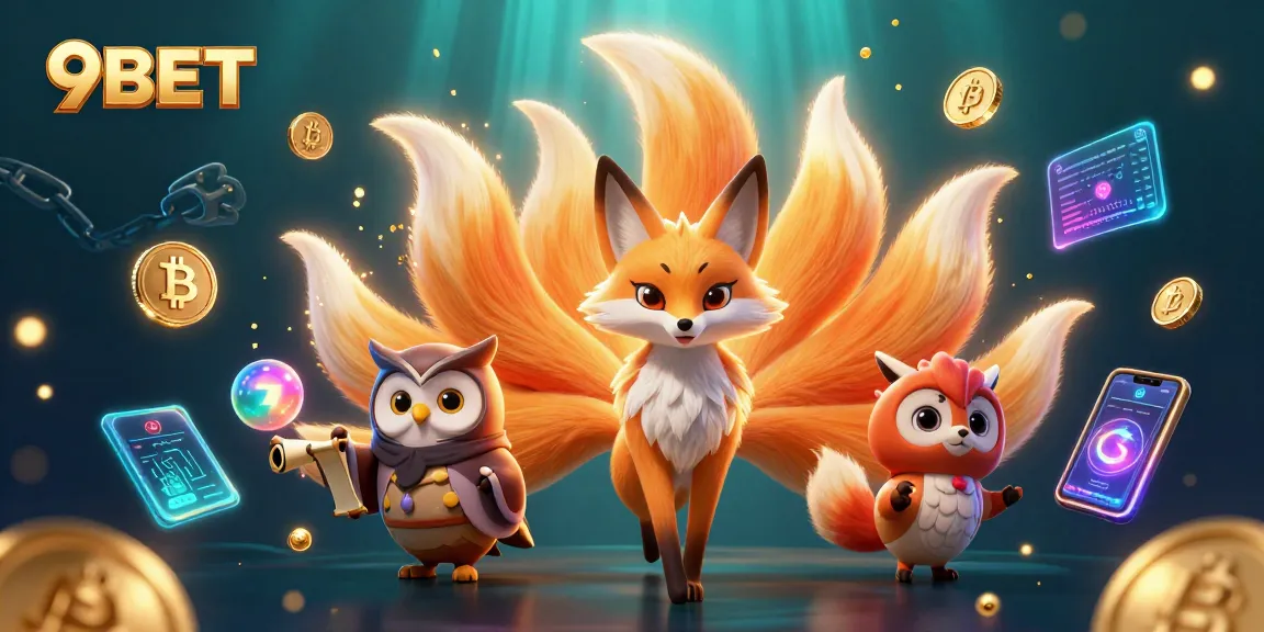 Experience the vibrant excitement of 9BET's gaming universe with colorful spirit characters and crypto elements.