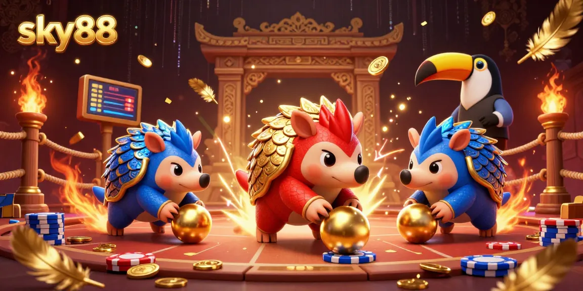 Engaging sky88 gameplay scene featuring rival pangolins amidst poker chips and golden scales.