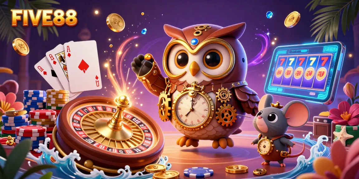 Experience the exhilarating games at FIVE88 casino with an illustration of a time-traveling owl in a vibrant gaming atmosphere.