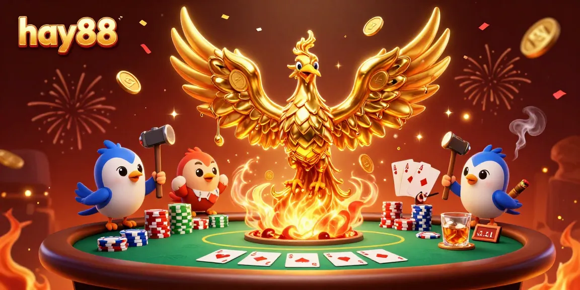 Engage with hay88's 3D phoenix casino scene filled with poker excitement and gold coins.