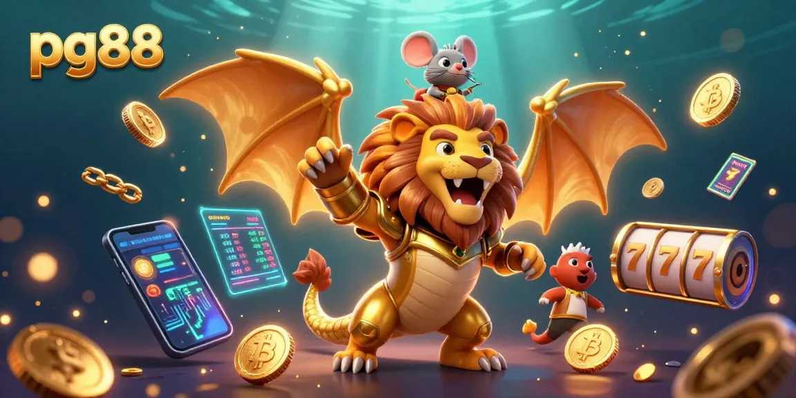 Spin to win with pg88 amidst golden coins and dynamic crypto elements in this engaging casino illustration.