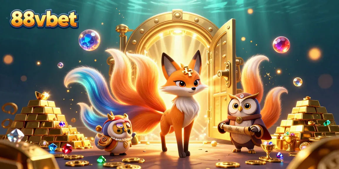 88vbet illuminates the gaming realm with a vibrant fox spirit, glowing treasures, and enchanting orbs.
