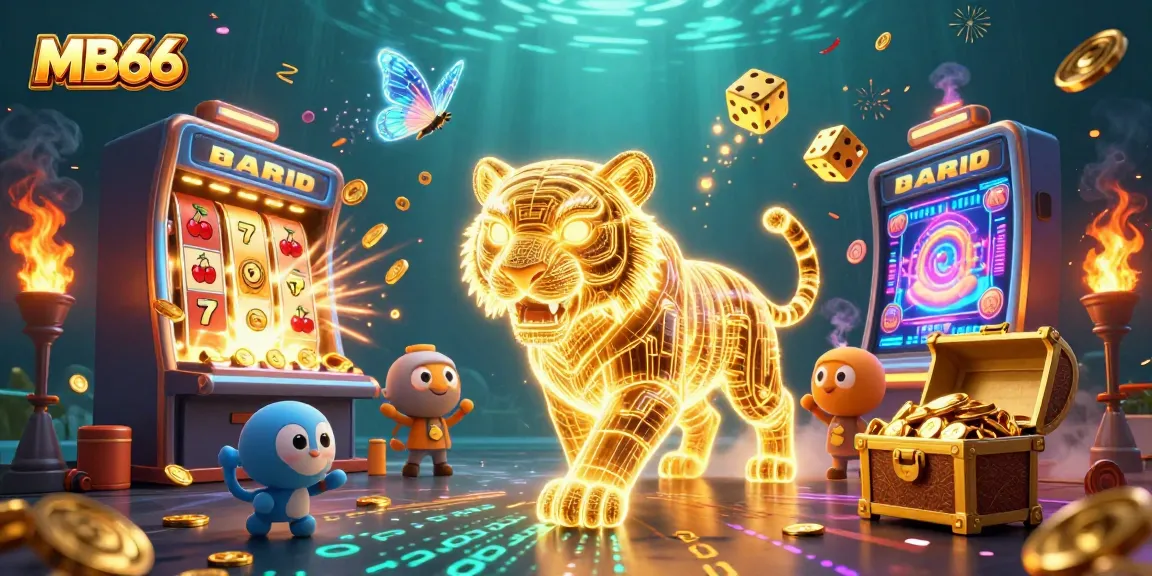 Experience the thrilling casino atmosphere of MB66 with a neon golden tiger, jackpot excitement, and vibrant game elements.