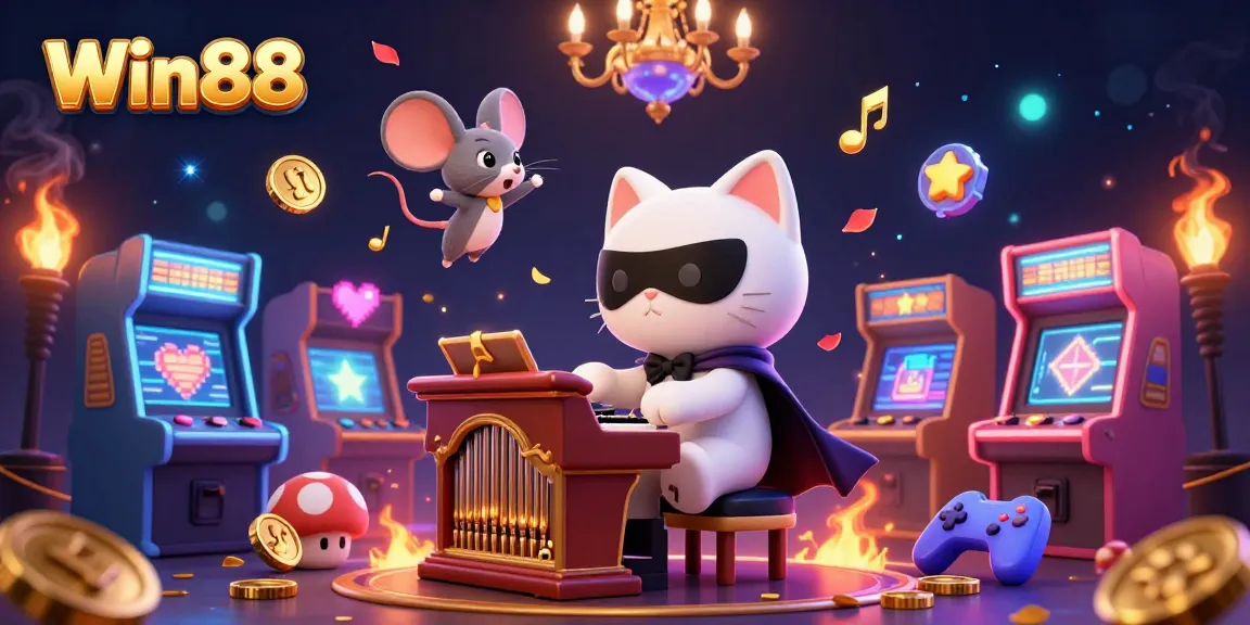Win88 showcases a vibrant casino scene with a phantom cat and glowing game elements in action.
