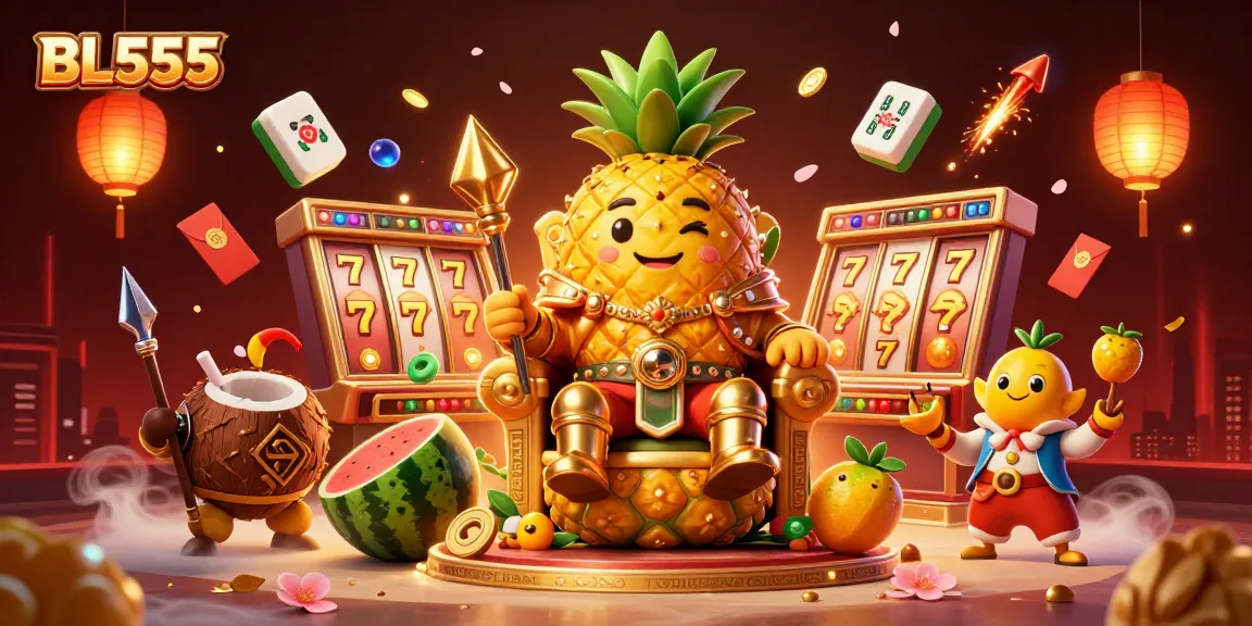 Experience the vibrant casino atmosphere at BL555 with a lively scene featuring a golden pineapple king and engaging gaming elements.