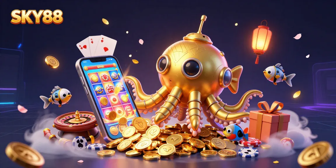 Experience thrilling games at SKY88 with dynamic 3D illustrations of a kraken submarine amidst golden coins.