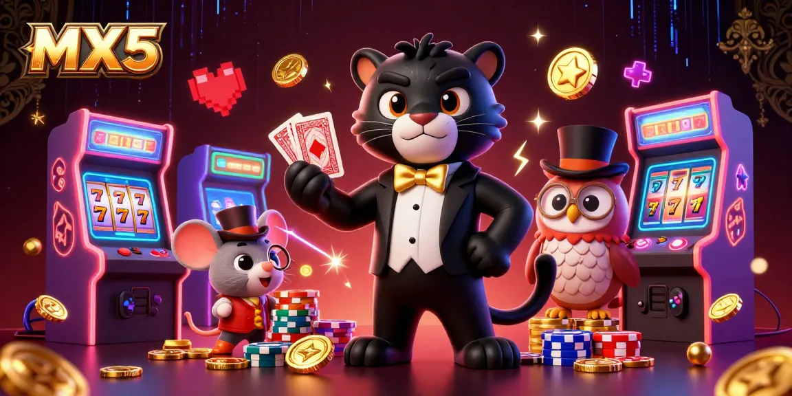 Experience the excitement at MX5 with a stylish panther and friends around colorful slots and poker chips.