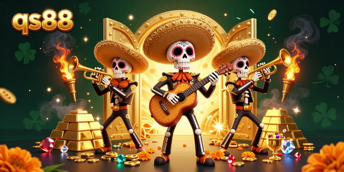 Experience the excitement of qs88 in this vibrant casino-themed illustration showcasing skeleton mariachi musicians amid treasures.