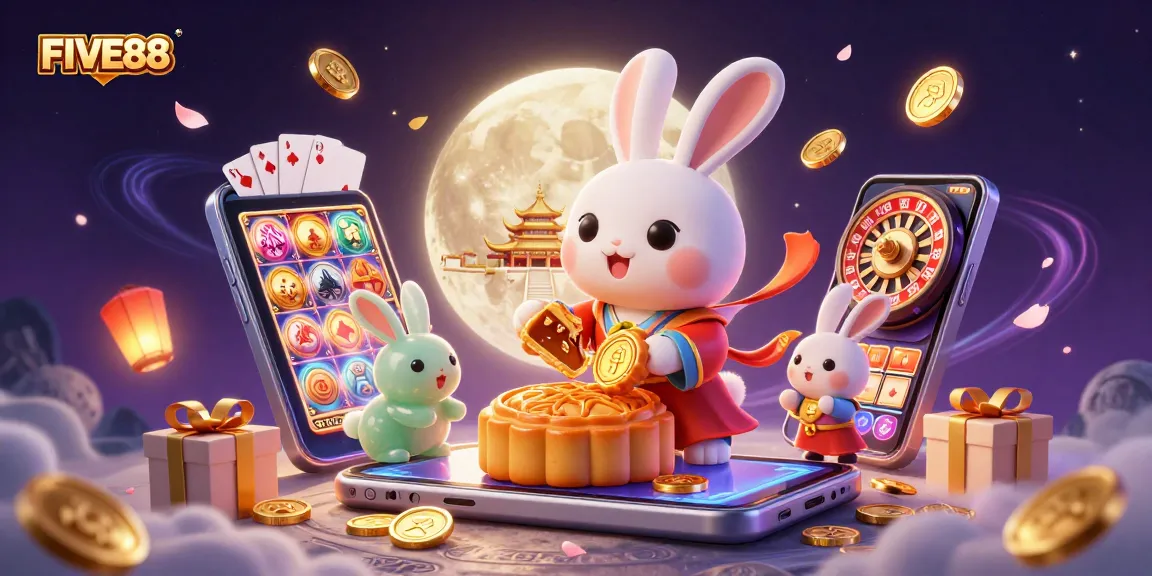 Experience the excitement of FIVE88 with a cartoon moon rabbit revealing poker chips amidst a rich casino-themed backdrop.