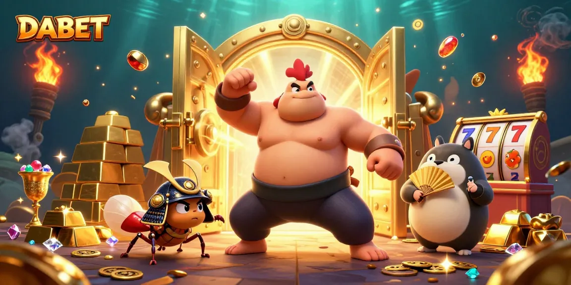 DABET brings excitement to life with a dynamic scene of a powerful sumo rooster and fierce cricket in a casino setting.