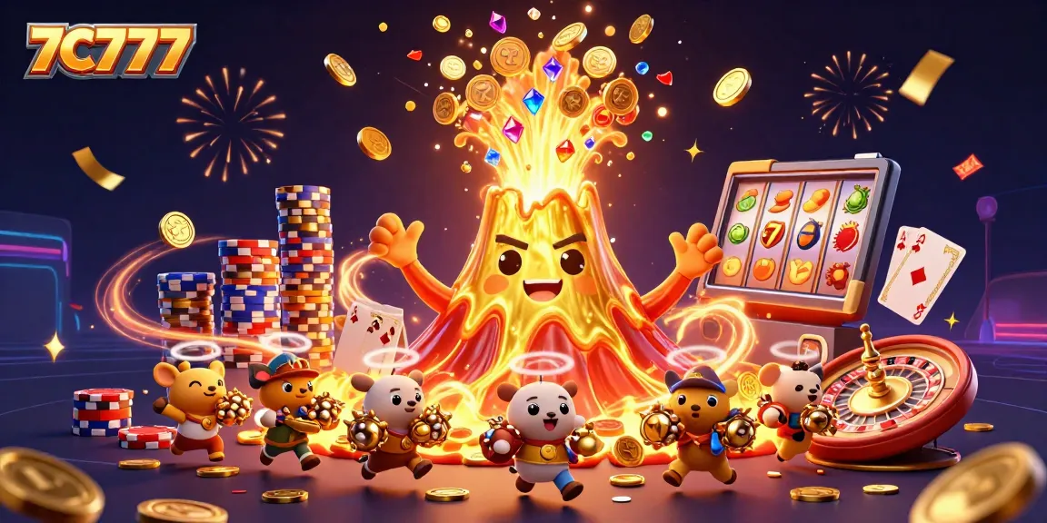 Experience thrilling wins with 7C777's vibrant casino adventure featuring gold coins and slot machines.