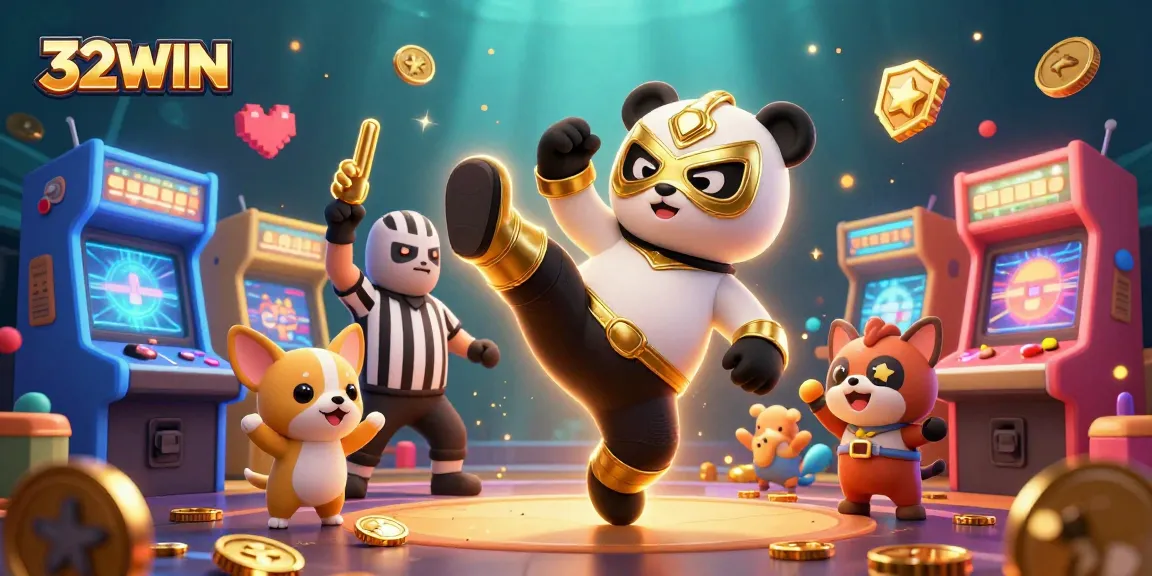Experience thrilling action at 32WIN with a vibrant 3D gaming illustration showcasing a panda fighter and chihuahua referee.