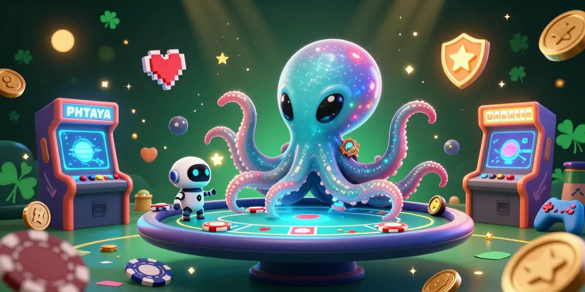 PHTAYA showcases an exciting 3D alien octopus at a holographic poker table amidst glowing arcade machines.