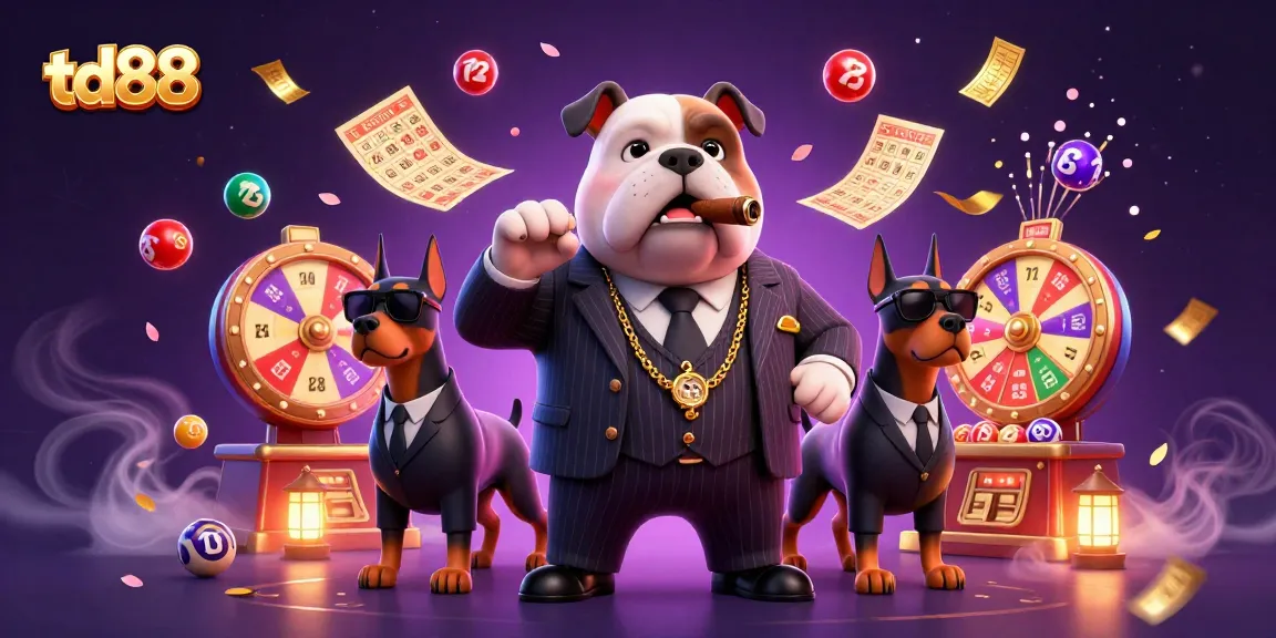 Experience thrilling moments at td88 with vibrant lottery balls and a mysterious mafia boss in a dynamic casino scene.