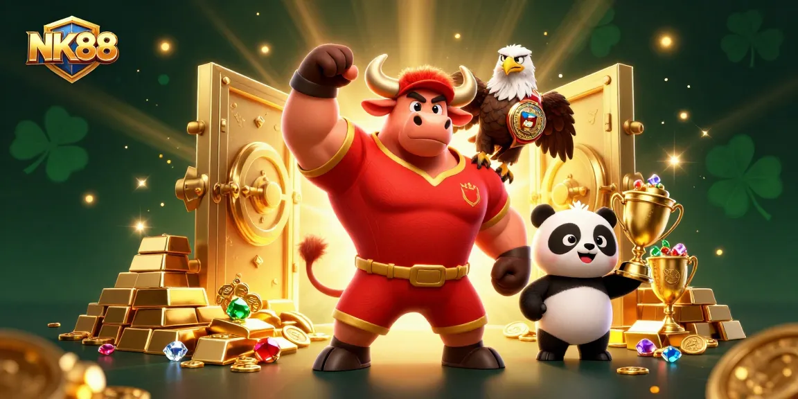 Win big with NK88 by celebrating in a festive casino scene with vibrant characters and gold treasures.