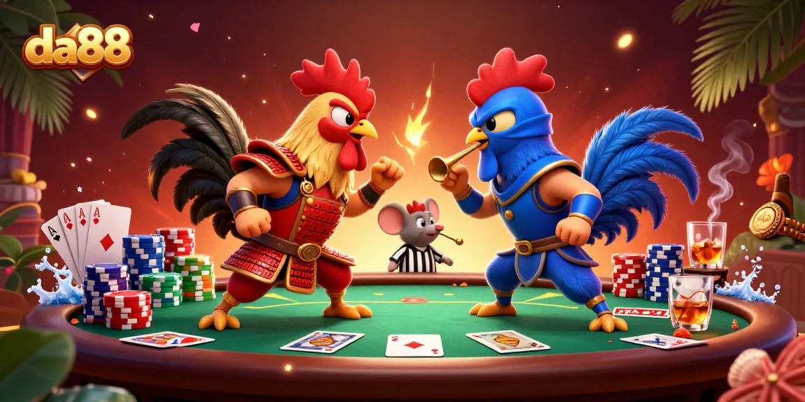 Experience thrilling action with da88's dynamic poker showdown featuring cartoon roosters.