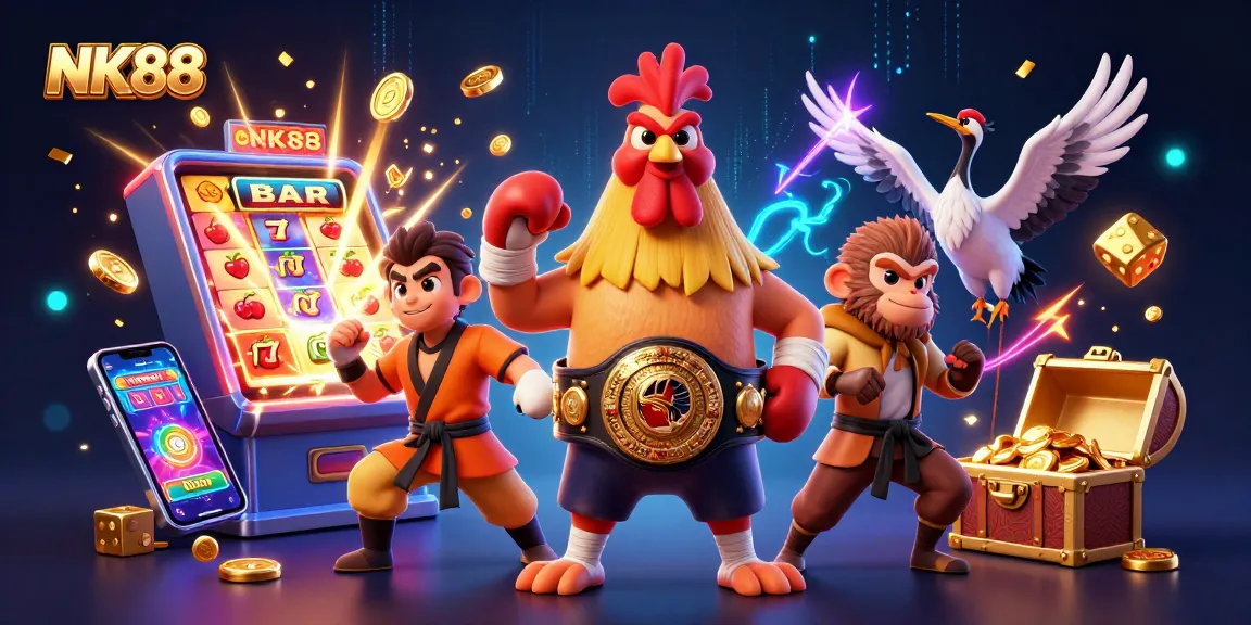 NK88 delivers thrilling betting experiences with a cartoon rooster, monkey, and crane amidst vibrant casino elements.