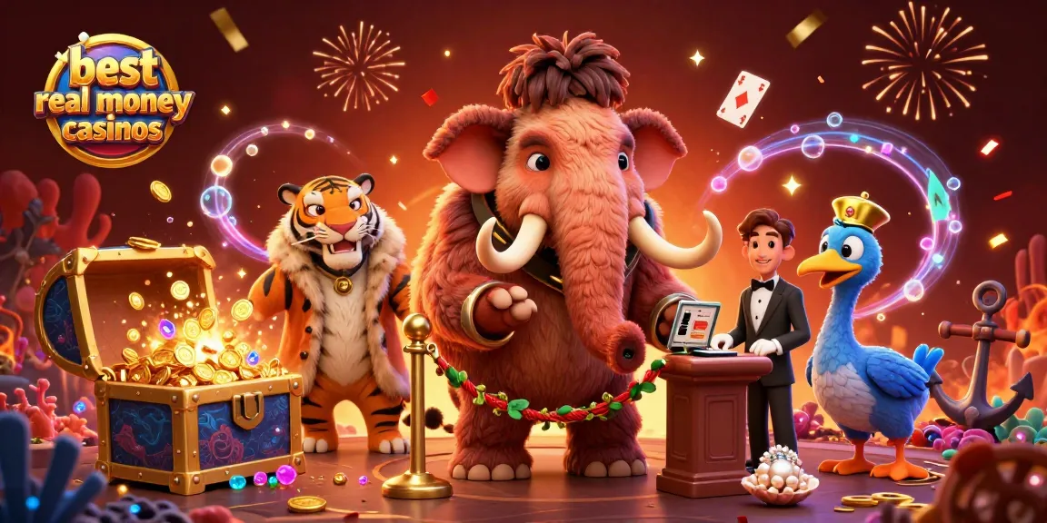 Experience the best real money casinos with this vibrant, action-filled casino illustration featuring unique characters.