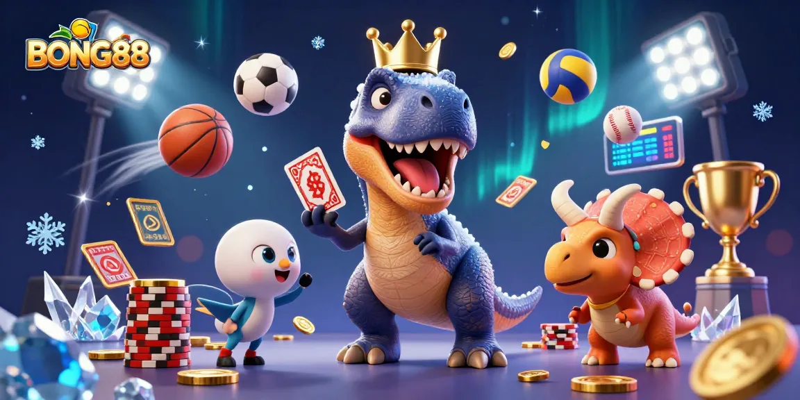 BONG88 offers a vibrant gaming scene with T-Rex shuffling cards while a triceratops stacks chips in a lively casino