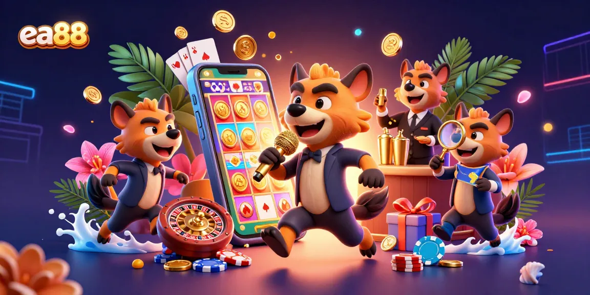 Engage with exciting slot games at ea88 with a vibrant hyena-themed casino scene.