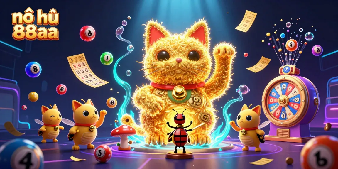 Experience the excitement of nổ hũ 88aa as the lucky cat waves among vibrant slot symbols in a lively scene.