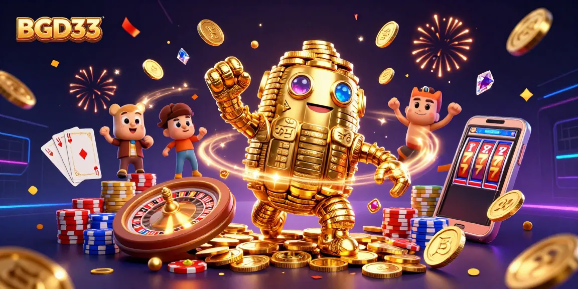 Engage with BGD33, showcasing an energetic casino scene filled with gold coins, poker chips, and vibrant gaming elements.
