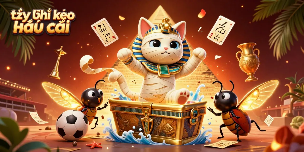 Engage with tỷ lệ kèo nhà cái in this vibrant 3D illustration showing a mummy cat and sports elements.
