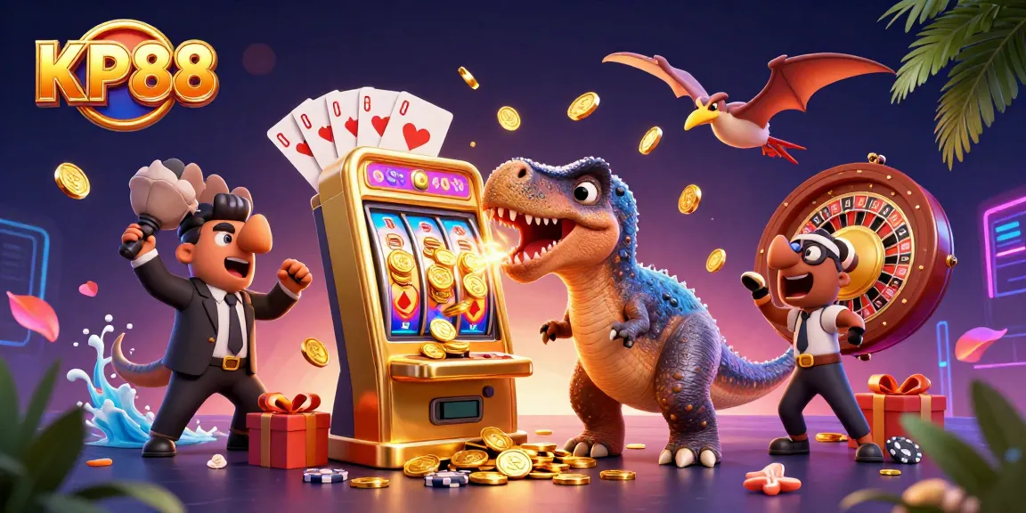 KP88 offers exciting jackpot thrills as a pachycephalosaurus interacts with a slot machine in this vibrant casino scene.